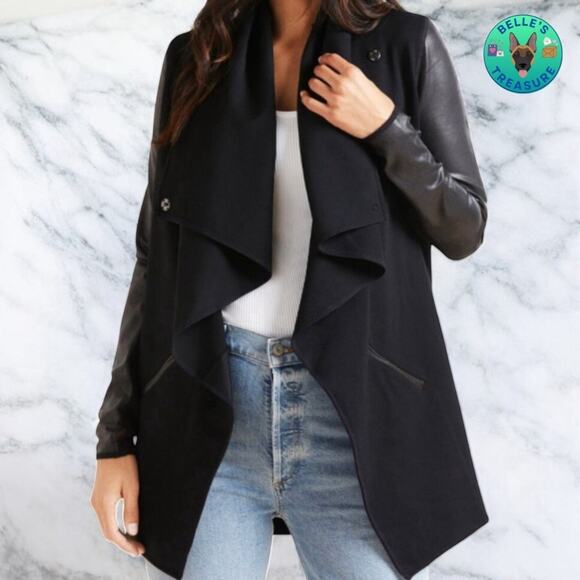 Spanx Drape Front Jacket Womens XL Blac Ponte Faux Leather Sleeves 50176R - Picture 10 of 11